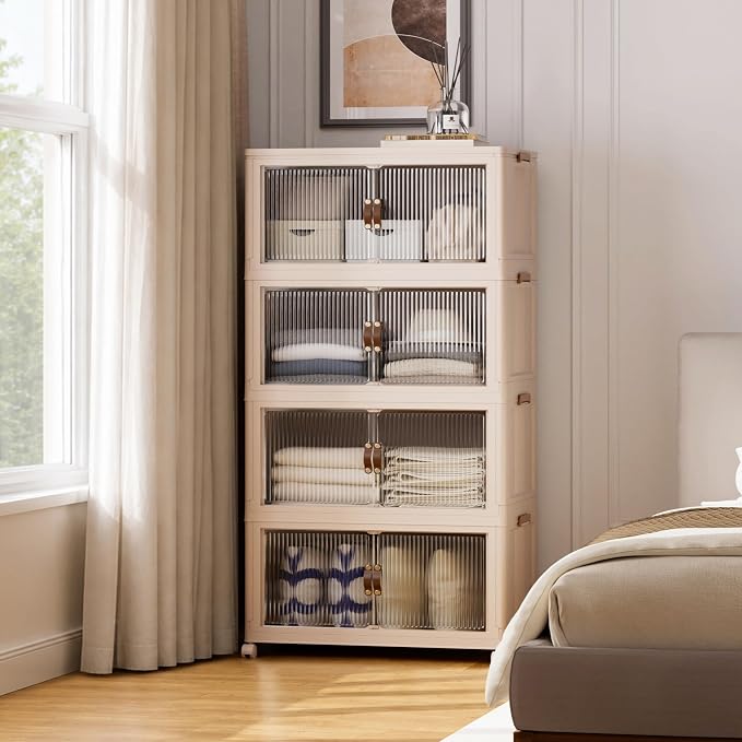 SAILUN 580Qt Stackable Storage Bins,Storage Cabinet a Lid,4Pack Blush White | Stackable Storage Drawers with Lids,28" W x 17" D x 61" H,Featuring open-front Access for Clothes and Closet Storage