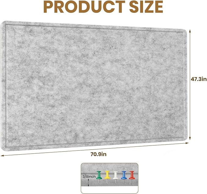 Large Bulletin Board 72" x 48" Felt Cork Board,Decor Pin Board, Silver Gray | Cork Board Alternative for Wall, Foldable Self-Adhesive Vision Board Prayer Board with Pushpins for Home Office Classroom
