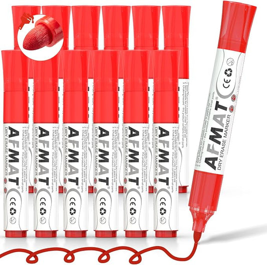 AFMAT Dry Erase Markers, 12-Count Red Whiteboard Markers, Bullet Tip, High-Capacity Liquid Ink for 1,700 Meters Writing Length, w/Visible Ink Level, Low Odor Erasable for Teacher Office Classroom