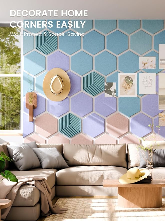 Fluxynara 10-Pack Hexagon Cork Board Alternative, Coastal Haze | Felt Bulletin Board with 50 Adhesive Tabs, Ideal for Vision Boards and Wall Decor in Homes, Offices, Classrooms, and Dorms