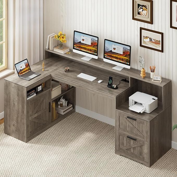 63" Farmhouse L Shaped Desk with Drawers and Printer Stand for Home Office | Computer Desk with Power Outlet, Home Office Desk with Storage Shelves and Monitor Stand, Gray
