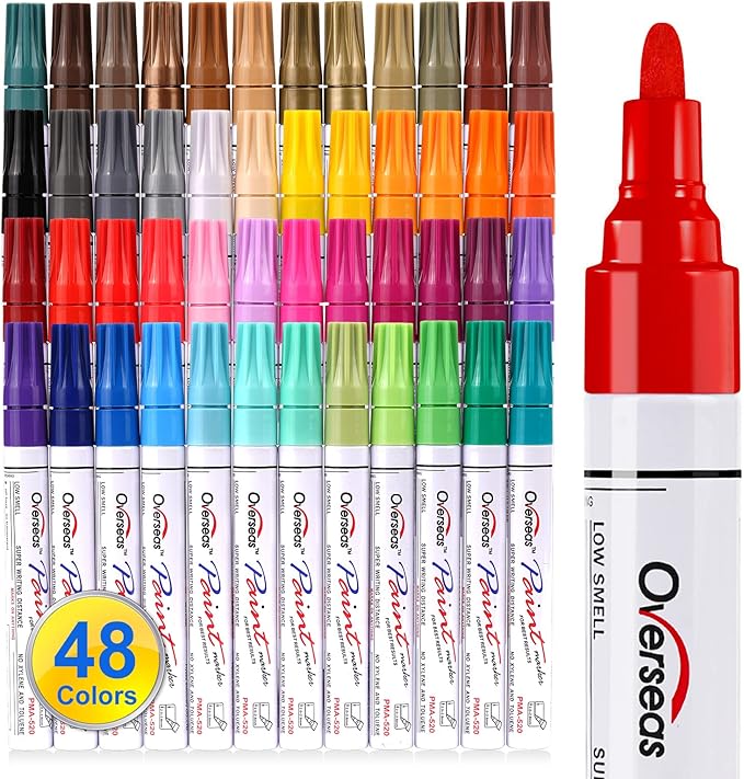 Overseas Paint Marker Pens - 48 Colors Permanent Oil Based Markers, Medium Tip, Quick Dry and Waterproof Assorted Color Paint Pen for Metal, Wood, Plastic, Rock, Stone, Canvas, Glass, Ceramics