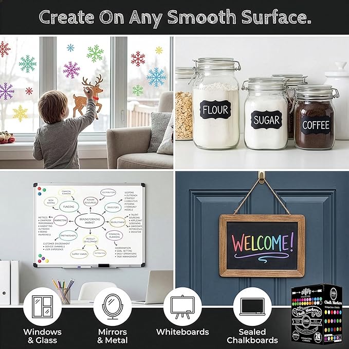 Loddie Doddie Chalk Markers - Pack of 24, 6mm Reversible Tips - Liquid Chalk Pens for Glass & Windows - Dry Erase Chalkboard Markers for Blackboard & Calendars - Non-Toxic Pens for Art & Decor