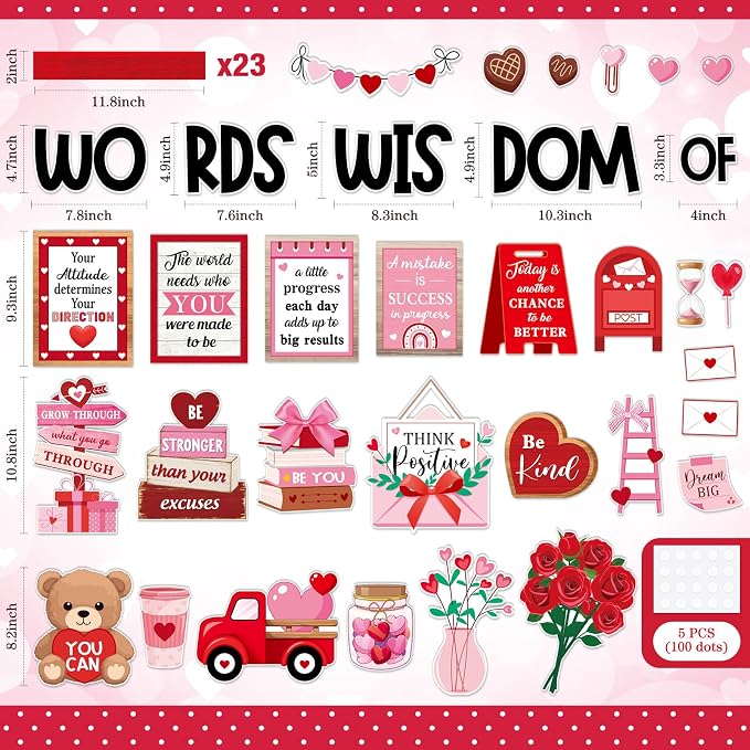 Mooliwe 57 Pcs Valentine’s Day Bulletin Board Cutouts Classroom Decor | Motivational Quotes Cards, Heart Envelope Designs, Flowers Truck Teddy Bear Cutouts, Classroom Wall Door Window Decor