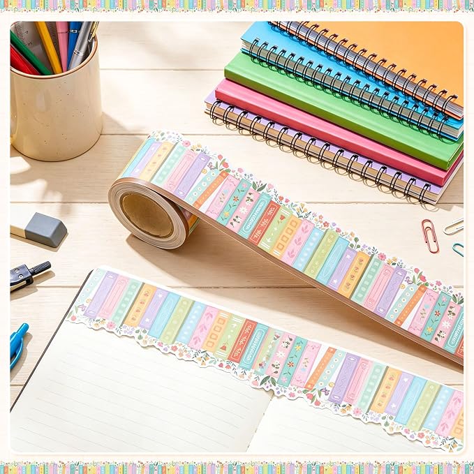 32.8 Ft Bookshelf Bulletin Board Borders Wildflower Scalloped Trim | Classroom Library Decoration by Teachers, Back to School Bulletin Trim, Colorful Book Design in Reading Corner Party