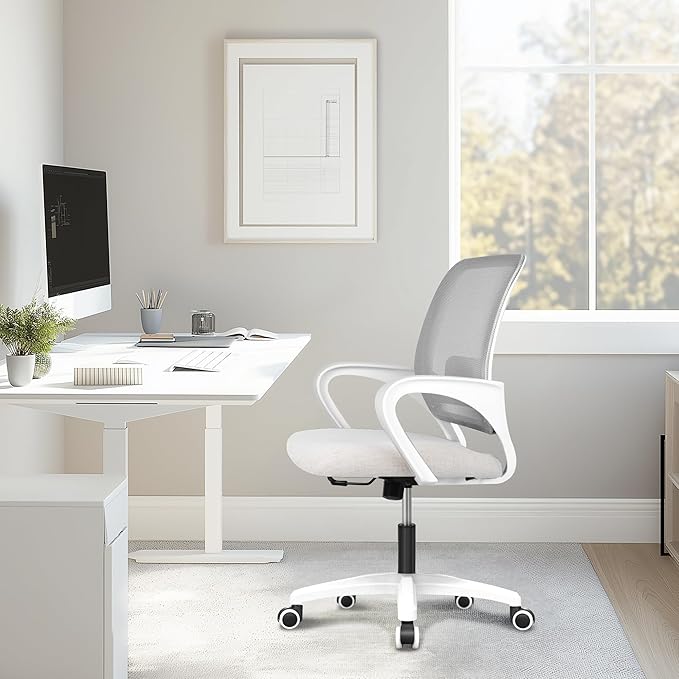 NEO Chair Office Desk Ergonomic Mesh Computer Chair with Lumbar Support Adjustable Height Swivel Rolling Wheels Comfy Mid Back Task Chair for Home Bedroom Vanity Study (Ivory)