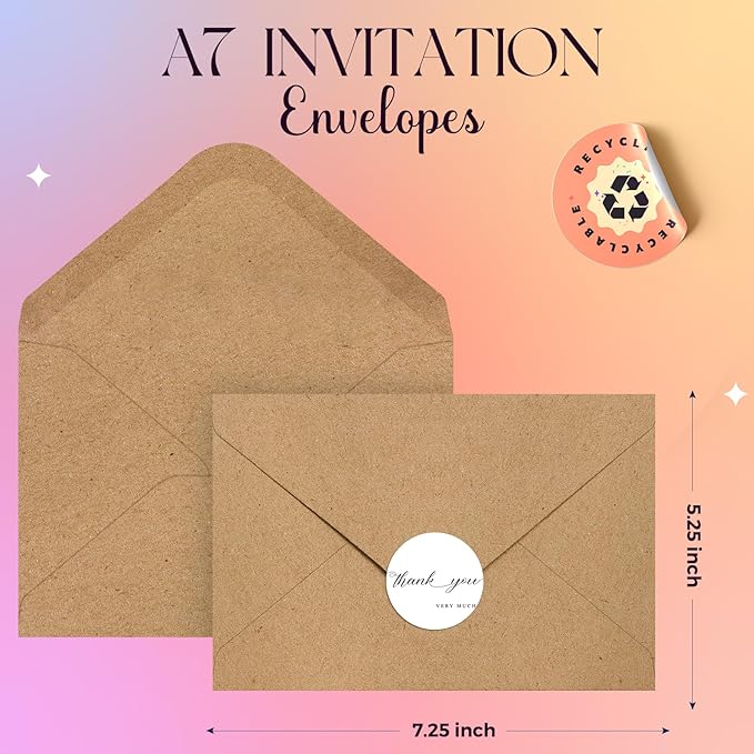 ACSTEP 100PACK Kraft 5X7 Envelopes,Brown A7 Envelopes Self Seal for Weddings, Invitations, Photos, Postcards, Greeting Cards Mailing,Baby Shower, Graduation With Thank You Stickers
