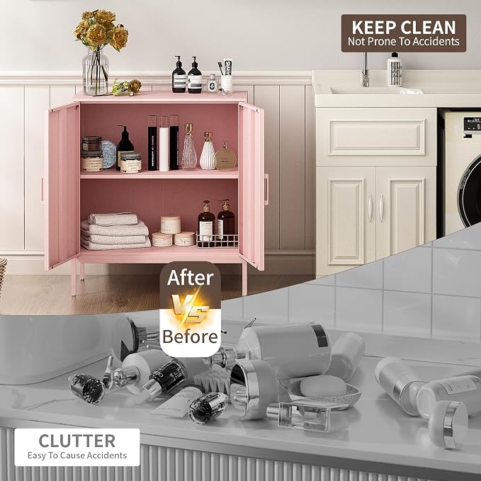 Metal Storage Cabinet,Storage Locker Cabinet with Shelves 2 Door Lockable Cabinet Pink Locking Tool File Cabinet Sideboard for Office, Garage, Bathroom