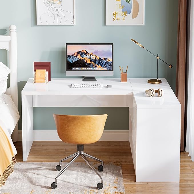 Tribesigns White L-Shaped Computer Desk with 3 Drawers, 55-Inch Modern Gloss Corner Home Office Executive Desk with LED Lights and 2 Storage Shelves for Work Study Writing
