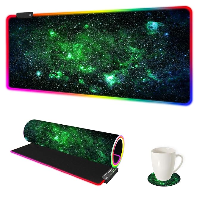 AIMSA RGB Gaming Mouse Pad Extended, Large Led Mousepads Non-Slip Rubber Base with 14 Lighting Modes, Computer Keyboard Mat Soft Desk pad 35.4 x 15.8 inches, Green Star River