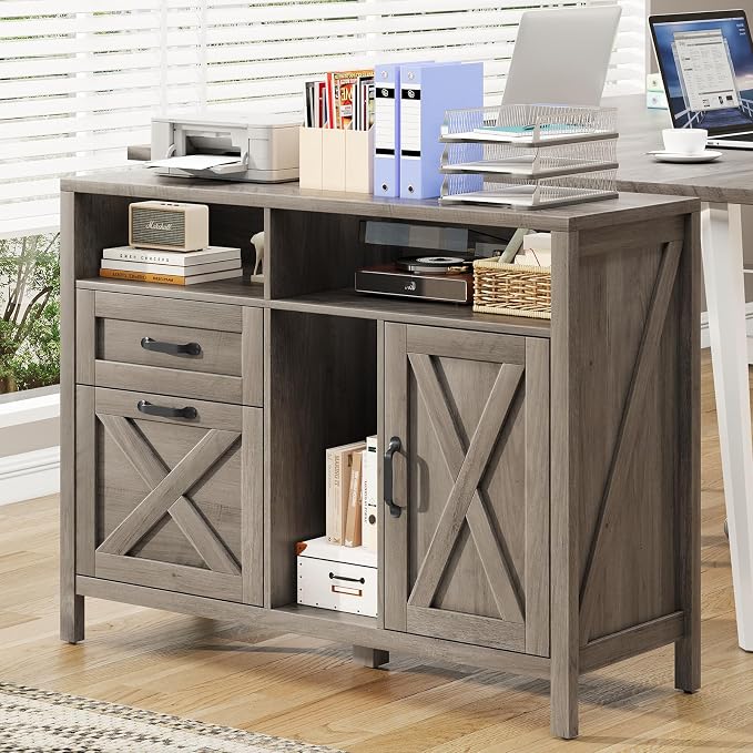 Befrases Farmhouse File Cabinet with Doors, Lateral Filing Cabinet with 2 Drawers for Letter/A4 Size Hanging Files, Large Wooden Printer Stand with Open Shelf for Home Office, Rustic Grey