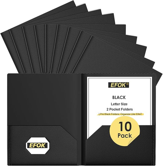 10 Pack Heavy Duty Black Plastic Folders with 2 Pockets, Textured Light Luxury File Folders with Business Card Slot, Letter Size Filing Supplies for Back to School & Office Organization