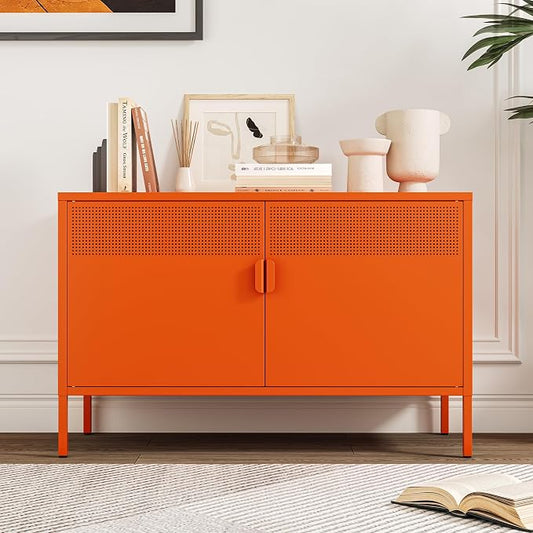 Chshin Metal Storage Cabinet with Doors,Orange Accent Cabinet,Metal Locker Storage Cabinets,2 Door TV Media Stand with Removable Shelves for,Home,Office,Entryway,Living Room