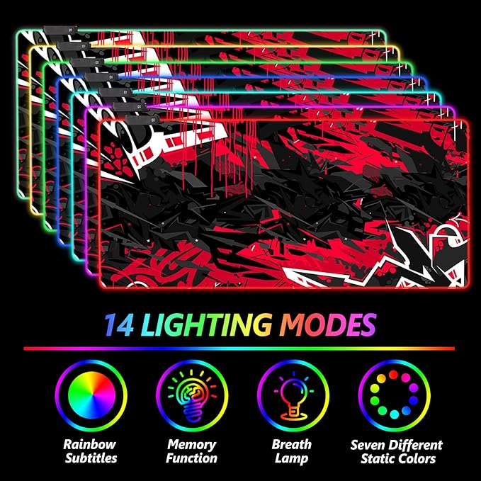 AIMSA Large RGB Gaming Mouse Pad, Keyboard Mousepad Led Extended 35.4 x 15.8 inch Non-Slip Rubber Base with 14 Lighting Modes, Big Desk Mat Waterproof, Red Black