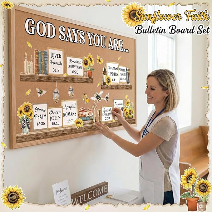 Qilery Sunflower Faith Bulletin Board Decor Cardstock Religious Cutouts | Sunflower Bulletin Board Borders & Letters, Christian Office Inspirational & Church Classroom Decor Kit, Adhesive Dots