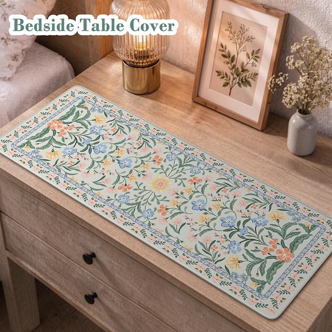 iCasso Aesthetic Desk Mat,31.5x11.8 Mouse Pads,Green Floral | Anti-Slip Mousepad with Stitched Edges, Waterproof Computer Pad, Green Desk Accessories Office Decor for Women