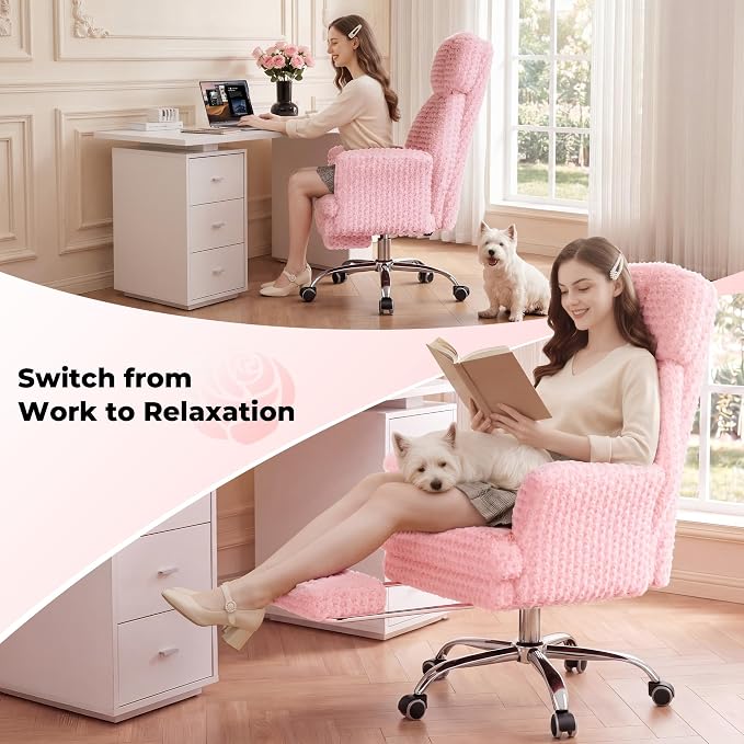 Big and Tall Office Chair, Flip Armrests for Pets & Cross Legged Sitting | Executive Ergonomic Computer Gaming Chair with Foot Rest, Rose Velvet Pink Wide Seat Reclining Desk Chair