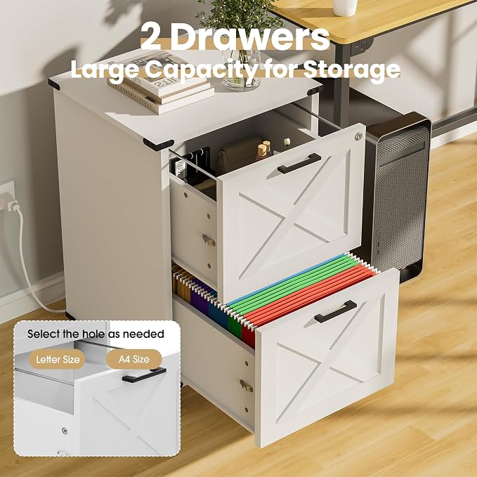 Onelike Small Wood File Cabinet with Charging Station and Lock, 2 Drawers | Built-in 2 AC, USB & Type-C; 1 lock secures 2 drawers; Nightstand, Printer stand and Mobile under-desk cabinet; White