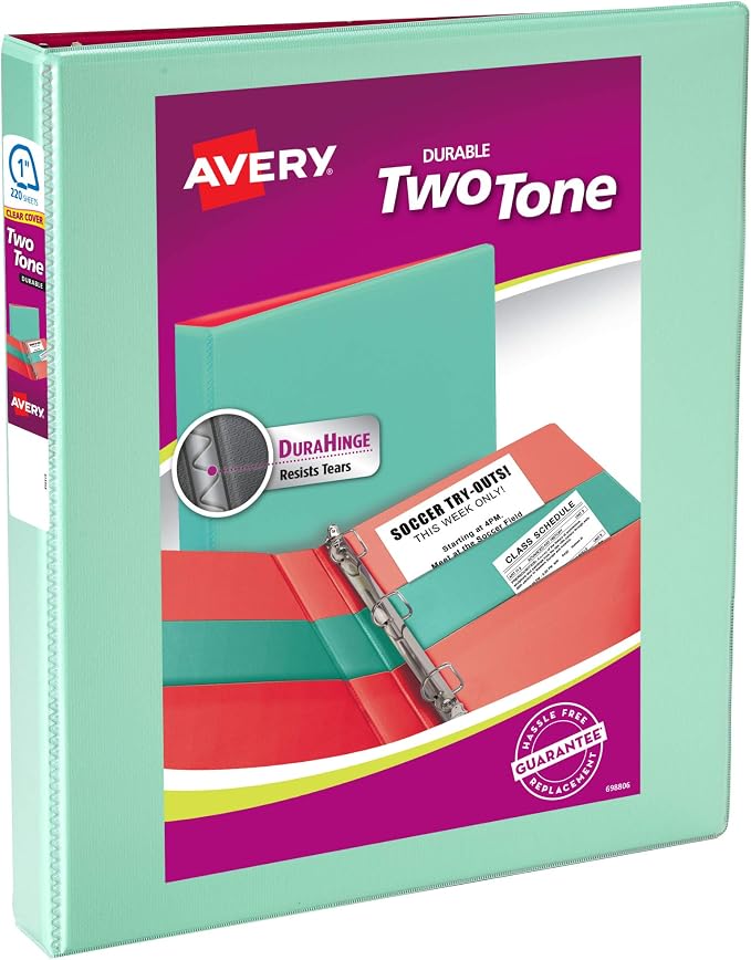 Avery® Two-Tone 3 Ring Binder, 1" Slant Rings, 1 Mint/Coral Binder | For Daily School and Home Use, DuraHinge Tear-Resistant Spine, DuraEdge Split-Resistant Sides, Four Interior Pockets