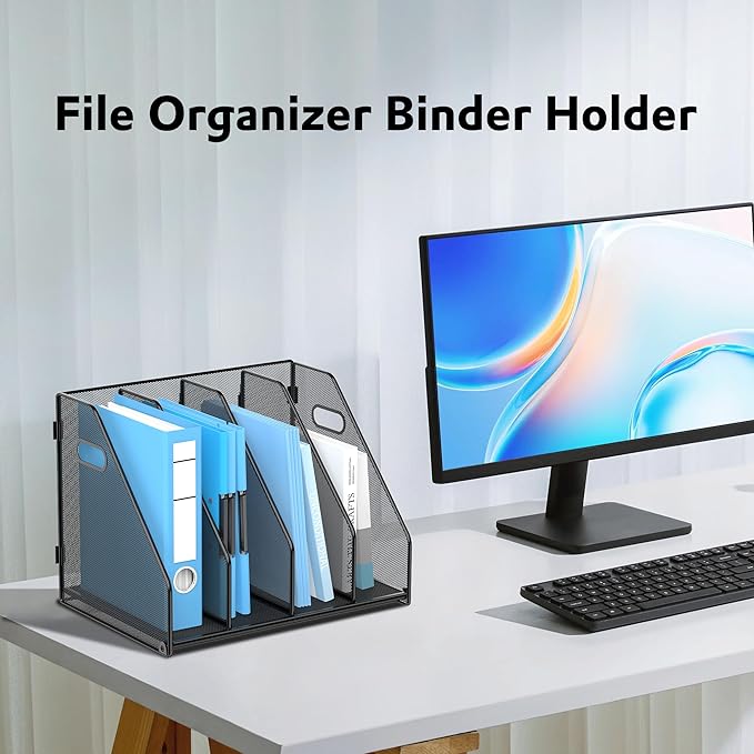Binder Organizer, Magazine File Holder with 4 Vertical Rack, Black | Metal Desk File Organizer & Binder Holders, Magazine Organizers for Office Desktop, Home, School, Classroom