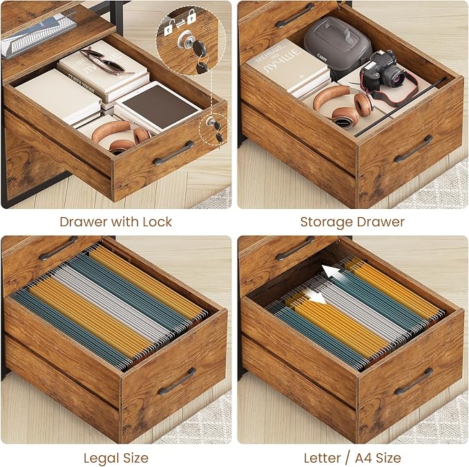 SEDETA 63" Computer Desk, Office Desk with Lock Drawers for Legal/Letter File, Gaming Desk with LED Light & Power Outlet, Home Office Desks for Printer, Rustic Brown