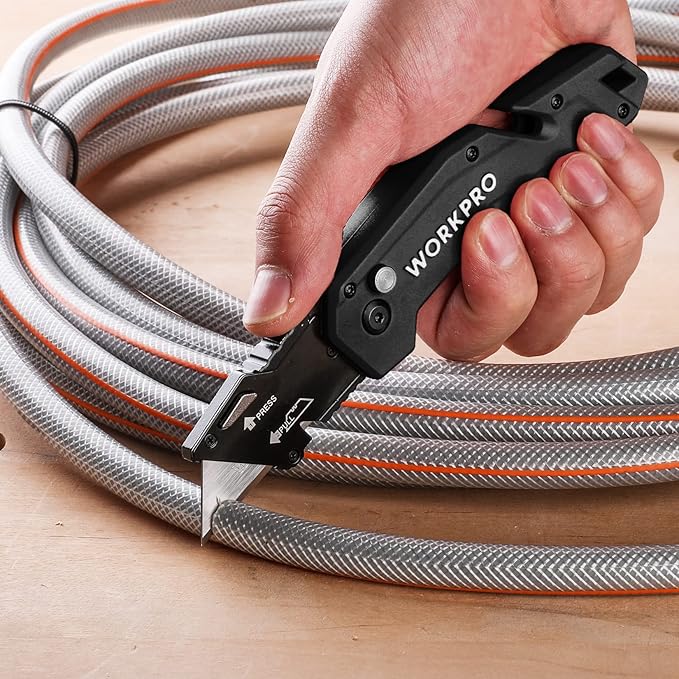 WORKPRO Folding Utility Knife, Box Cutter with Belt Clip, Quick-Change Blade, Lightweight Nylon Handle, Wire Stripper & Gut Hook, Extra 10 SK5 Blades Included, Black