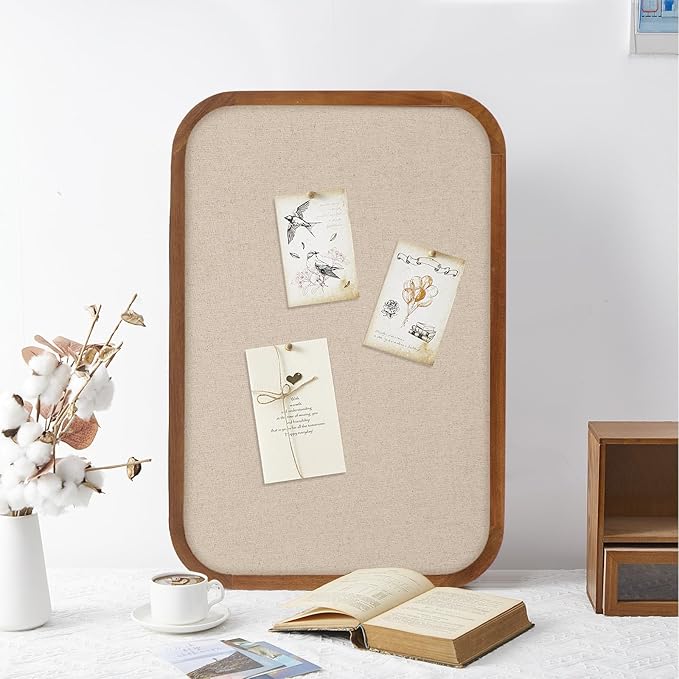 Vintage Framed Pin Board Linen Display Bulletin Board Large Ornate Fabric Picture Photo Pinboard Memo Decorative Prayer Pinboard Ornate for Wall Gift(Rectangle,14''x24'',Light Brown)