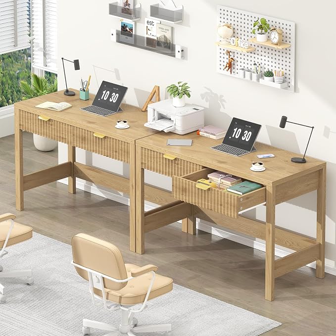 39 Inch Small Fluted Computer Desk with 2 Drawers for Bedroom, Home Office | Small Computer Desk with Storage, Compact Writing Study Desk for Small Spaces, Oak