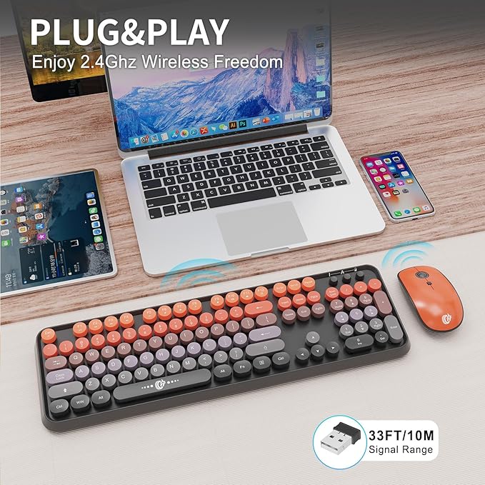 Wireless Keyboard and Mouse Combo, 104 Round Keys Cute Colorful Keyboard and Mouse with Retro Typewriter for PC Mac Laptop Tablet Computer Windows Black Red