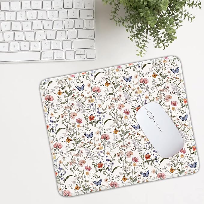 Mouse Pad for Desk with Stitched Edge, Premium Cute Washable Mouse Pads. Computer Mousepad with Non-Slip Rubber Base, Mousepads for Laptop, 9.25x7.75x0.12 inch (Floral Butterflies)