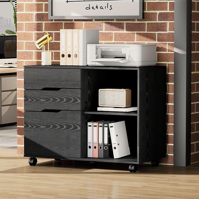 OLIXIS 3 Drawer Lateral File Cabinet, Rolling Printer Stand with Storage | Mobile Filing Cabinet Fits Under Desks, Holds A4/letter Files with Hanging Frame and Lockable Wheels, Black