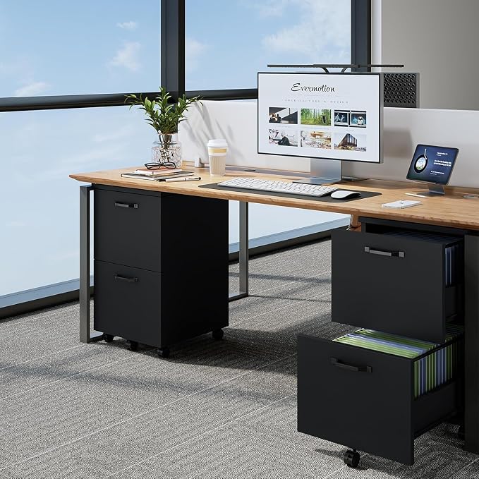 2 Drawer Filing Cabinet, Wood Rolling Filing Cabinets with Printer Stand, Under Desk Storage Lockable Wheels, Home Office Organizer for A4 Letter Legal Size Documents,Black