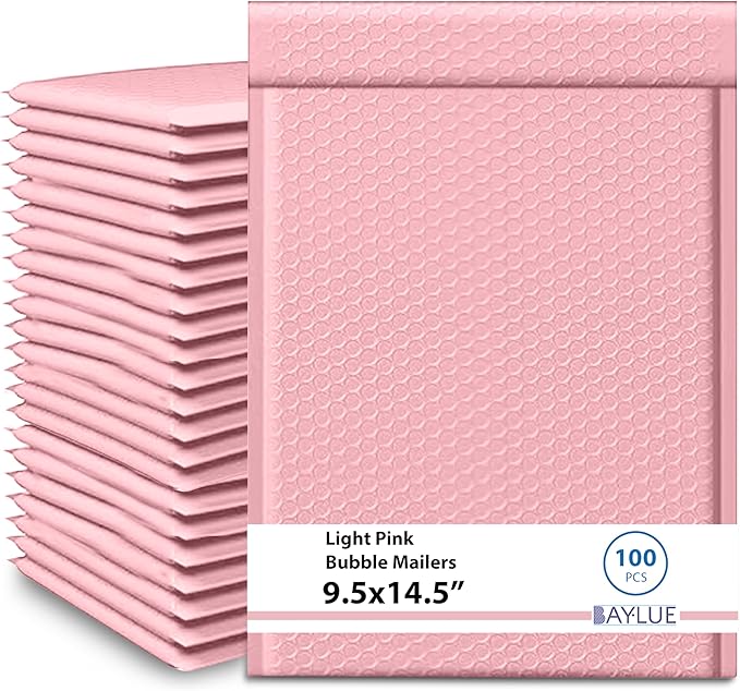 Light Pink 9.5x14.5 Inch Poly Bubble Mailers #4 | Self Seal Large Padded Envelopes Air Cushioned Bubble Mailer | Usable Size 9.5x13 Inch | Waterproof Lightweight Mailing Shipping Bags | 100 Pack Bulk