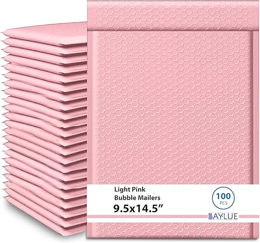 Light Pink 9.5x14.5 Inch Poly Bubble Mailers #4 | Self Seal Large Padded Envelopes Air Cushioned Bubble Mailer | Usable Size 9.5x13 Inch | Waterproof Lightweight Mailing Shipping Bags | 100 Pack Bulk