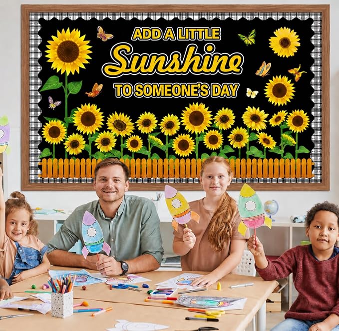 Summer Sunflower Bulletin Board Decorations Classroom Bulletin Board Border Motivational Cutouts with Butterflies & Fences – Classroom Cardstock Decor for Classroom Bulletin Board Border