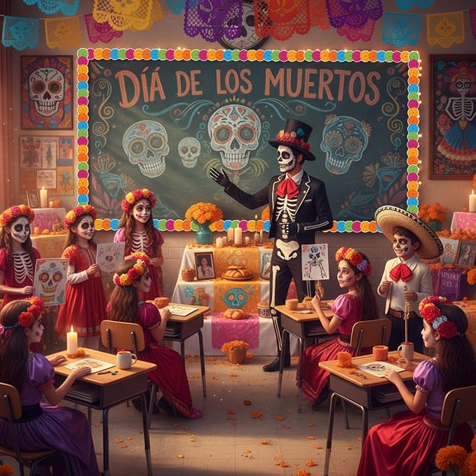 32.8 Ft Marigold Bulletin Board Borders, Multicolor Scalloped | Bright Patterns in Classrooms, Fiestas, Spanish Displays, Day of the Dead Themes, Scalloped Edges Ideal on Boards Decor