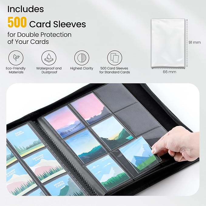 9 Pocket Trading Card Binder with 500 Card Sleeves, 26 Side-Loading Pages Hold 468 Trading Cards, Black PU Cover Zip Card Collection Binder with Side Label, MTG, TCG, Game Cards, Sport Cards Organizer