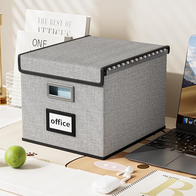 File Organizer Box with Lids, Collapsible File Folder Organizer | File Box with Plastic Slides for Office Document Storage, Filing Bin for Letter Size Hanging File Folders (2 Pack, Gray)