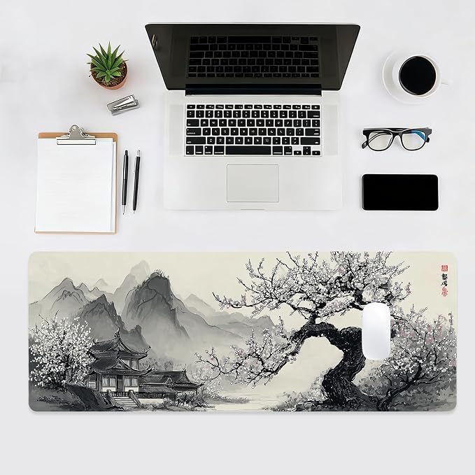 Large Mouse Pad for Desk, Gaming Mousepad XL Extended, Japanese Desk Mat Non-Slip Rubber Base, Big Computer Keyboard Mat Protector for Home&Office, 31.5x11.8in, Cherry Blossom