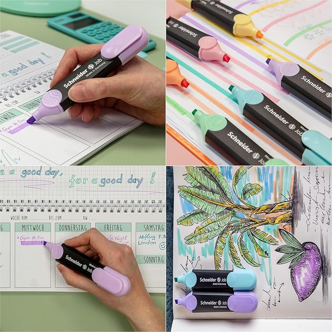 Schneider Job Highlighter Pastel, Chisel Tip, 1 + 5 mm, Black Barrel, Assorted Ink Colors, Pack of 6 Highlighters: Turquoise, Mint, Vanilla, Peach, Lavender, Light Pink (115097)