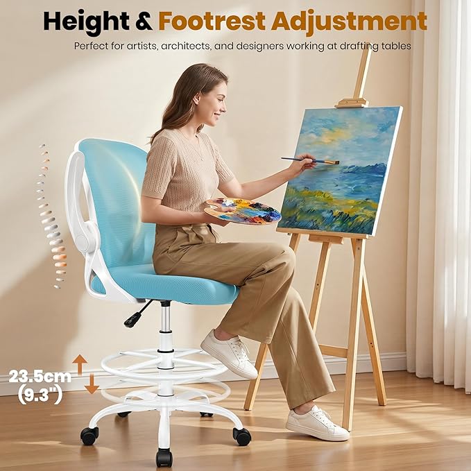 Drafting Chair Tall Office Chair with Flip-up Armrests Executive Ergonomic Computer Standing Desk Chair with Lumbar Support and Adjustable Footrest Ring（Blue）