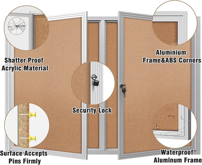 Mifuro 48"x34" Enclosed Bulletin Board, Outdoor Lockable Weather-Resistant Aluminum Cork Noticeboard for School & Office, Silver Frame w/Cork