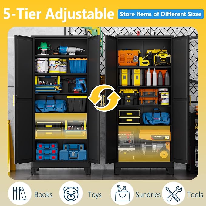PAOFIN 75" Metal Storage Cabinet with 2 Doors and 5 Adjustable Shelves,Black Metal Garage Storage Cabinets, File Cabinet,Steel Tool Cabinets for Home,Office,Garage,School,Warehouse