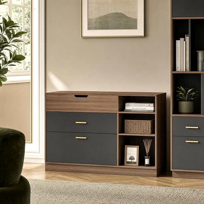 47.2" Office Storage Cabinet with Drawers, Flip-Top File Cabinet | Office Storage Cabinet,Flip-top Hidden Storage, 2 Drawers,Legal / Letter / A4 File Drawer, Adjustable Shelf, Black Walnut
