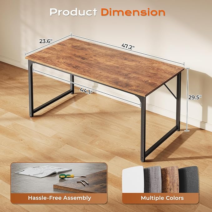 47 X 24 Inch Computer Desk with Deeper Desktop, Gaming Office Writing Work Desk for Home Office, Study, Bedroom, Work from Home, Metal Frame, Rustic Brown