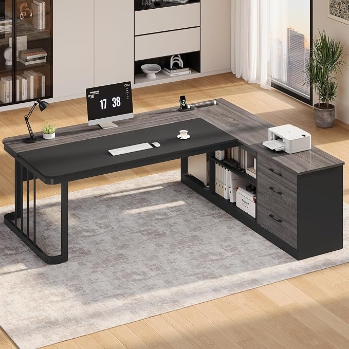 71" Executive Desk, Large Office Desk with Drawers & Storage Shelves, Modern L Shaped Computer Desk Corner Desk with Power Outlets, File Cabinet, Business Furniture Desk Workstation (Grey)