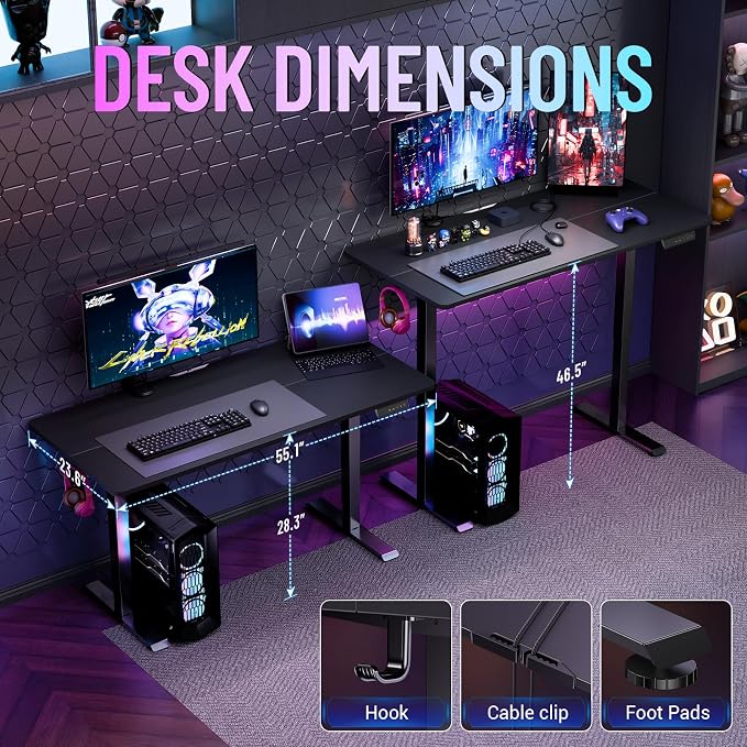 Veken 55 Inch Large Electric Standing Desk, Gaming Table, Black | Height Adjustable Sit Stand Up Computer Tables for Home Office, Study , Writing, Suit students, employees and group work