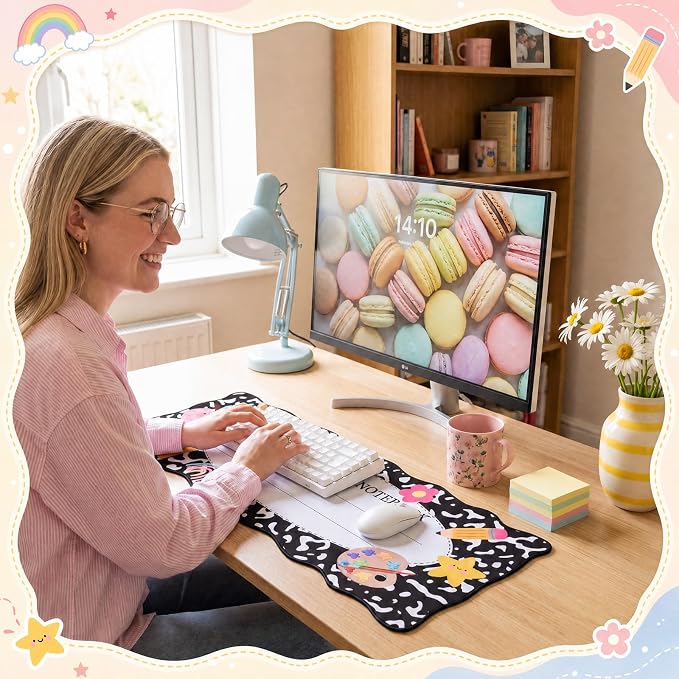 1 Pcs Composition Book Scalloped Desk Mat 31.5 x 11.8 Inch Large Cute Mouse Pad Computer Mat Non Slip Waterproof Rubber Base with Border Stitching Soft Keyboard Pad for Teacher Desk Home Office