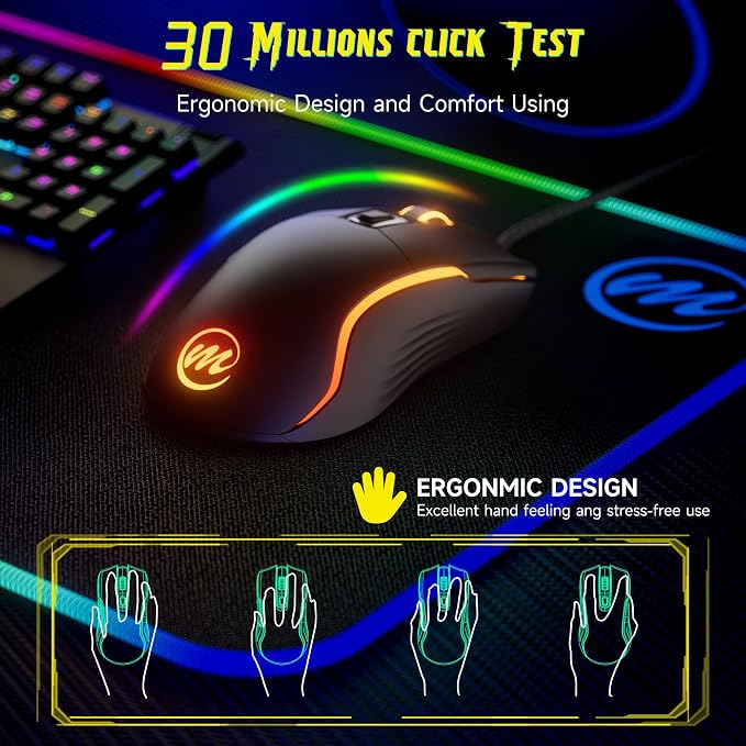 memzuoix Wired Gaming Mouse with RGB - 6 Adjustable DPI up to 12800, 6 Buttons, 12 Lighting Modes, Ergonomic Design with Anti-Slip Rubber Wheel, 5.6ft Braided Cable for PC/Mac/Windows - Black