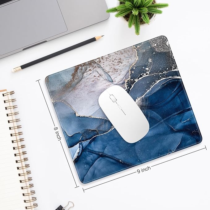 Mouse Pad, Minimalism Marble Style Computer Pad, Anti-Slip Rubber Mouse Mat with Stitched Edges for Gaming, Office, Laptop, PC, Women, 9" x 8" Thick 3 mm, Blue Marble